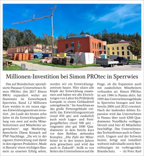 Millionen-Investition bei Simon PROtec in Sperrwies (Veröffentlichung in der PNP)